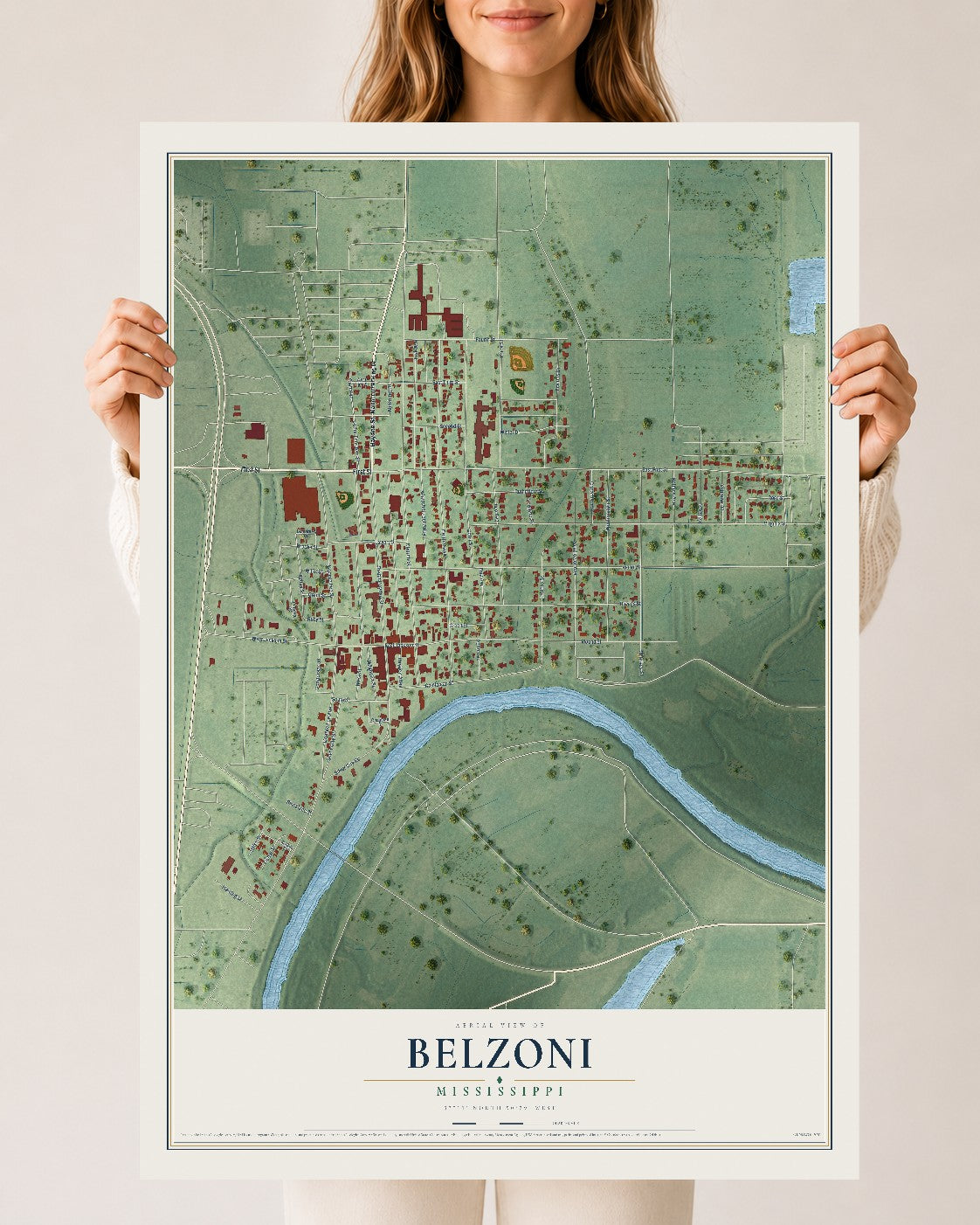 Map of Belzoni, Mississippi, 24 x 36 inch unframed archival matte print