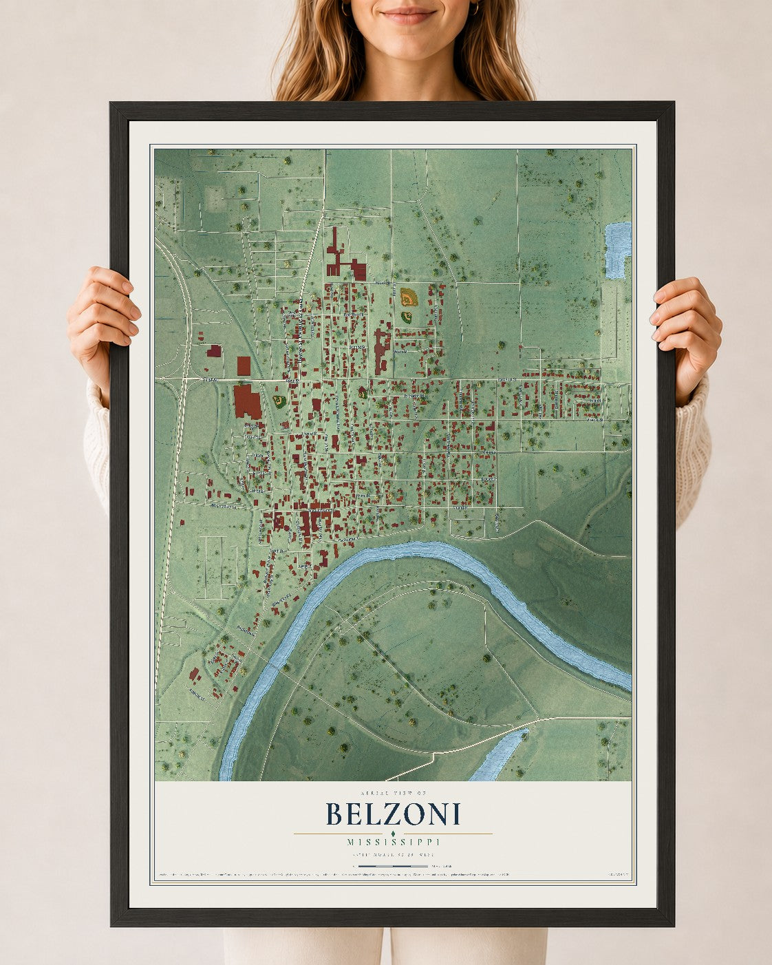 Map of Belzoni, Mississippi, 24 x 36 inch print in a black wood frame