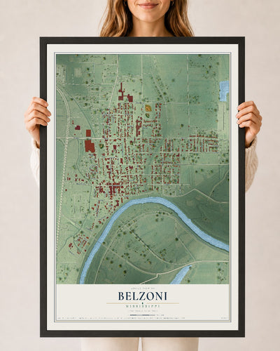 Map of Belzoni, Mississippi, 24 x 36 inch print in a black wood frame