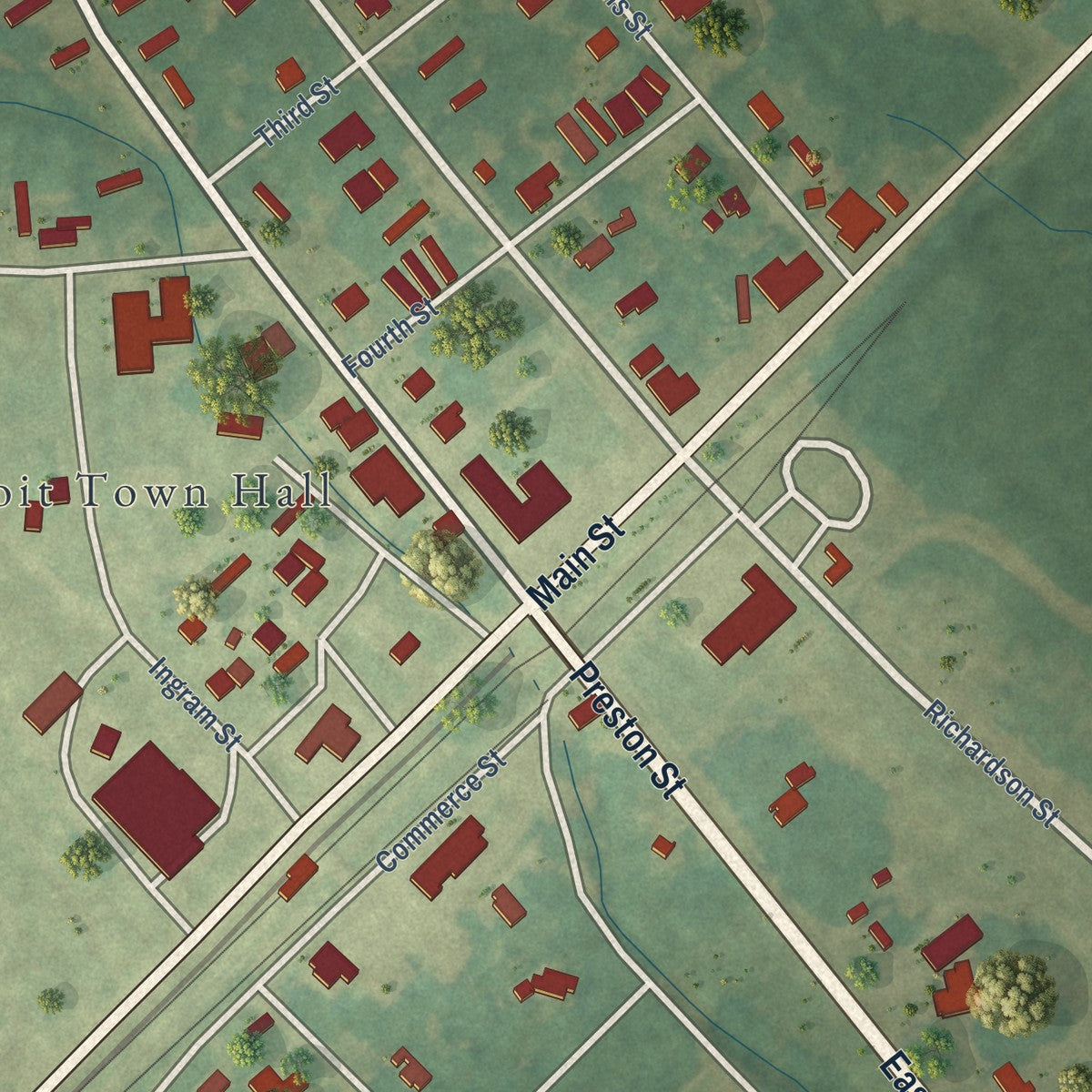 Close-up of the map of Benoit, Mississippi print showing street and building detail