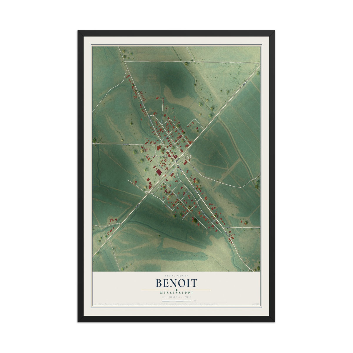 Map of Benoit, Mississippi, 12 x 18 inch print in a black wood frame