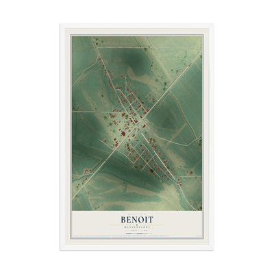 Map of Benoit, Mississippi, 12 x 18 inch print in a white wood frame