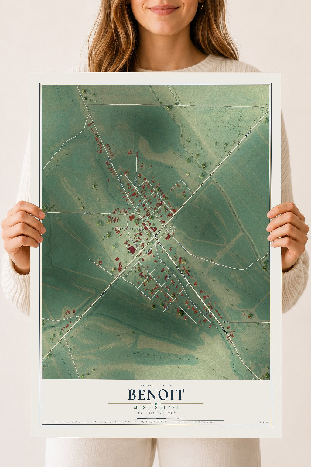 Map of Benoit, Mississippi, 18 x 24 inch unframed archival matte print