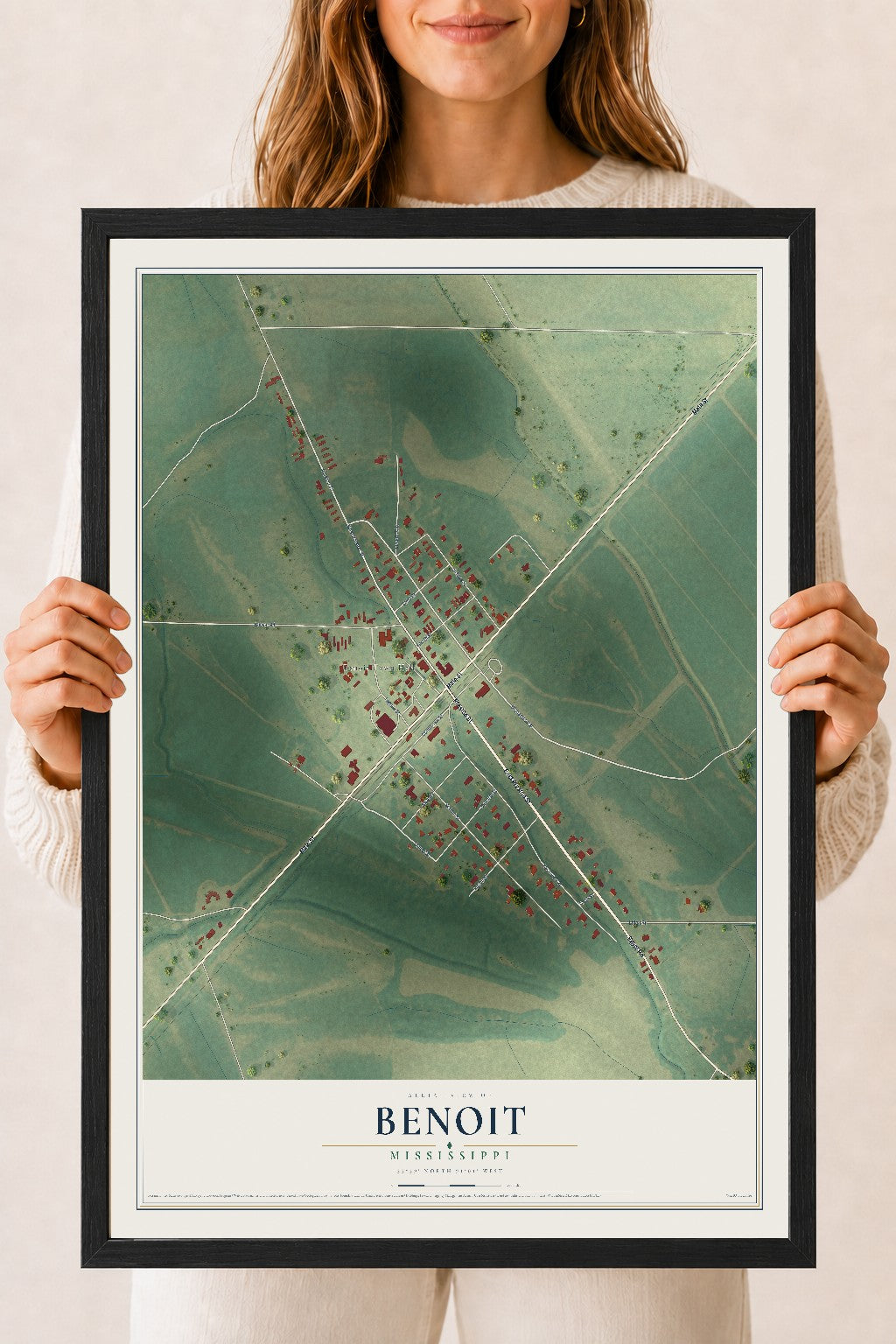 Map of Benoit, Mississippi, 18 x 24 inch print in a black wood frame