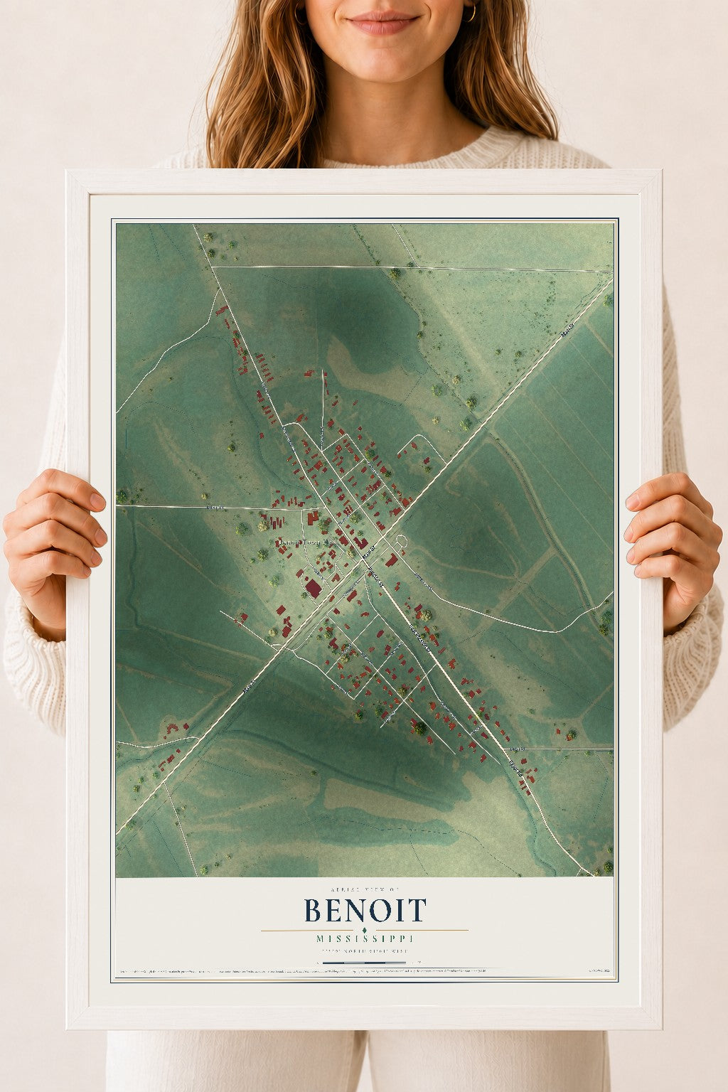 Map of Benoit, Mississippi, 18 x 24 inch print in a white wood frame