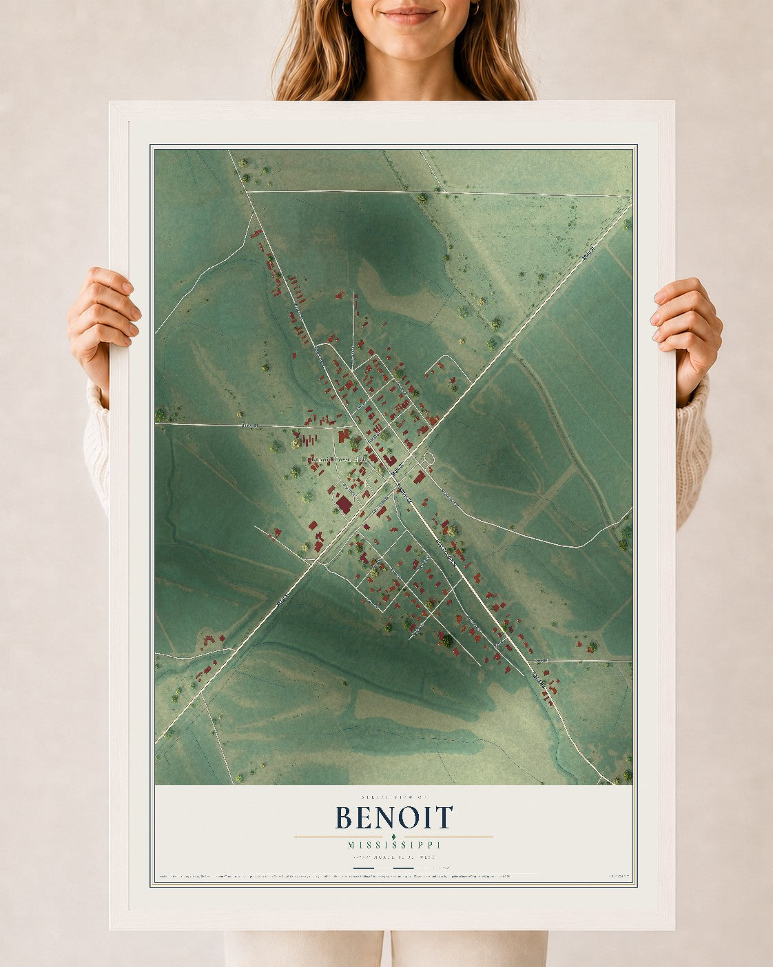 Map of Benoit, Mississippi, 24 x 36 inch print in a white wood frame