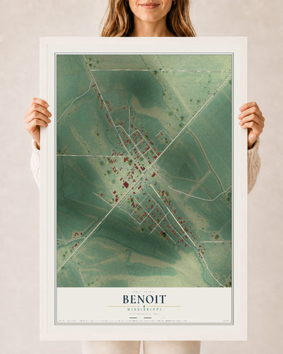 Map of Benoit, Mississippi, 24 x 36 inch print in a white wood frame