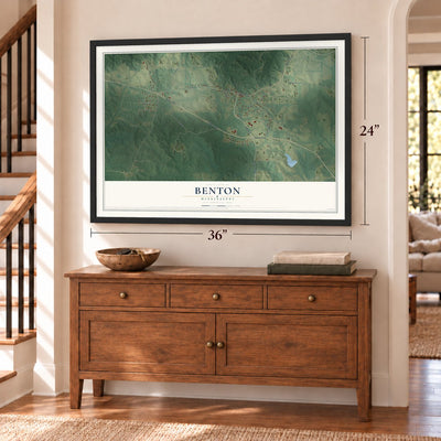 Benton, Mississippi map, 24 x 36 inch print in a black frame above a dresser by a staircase