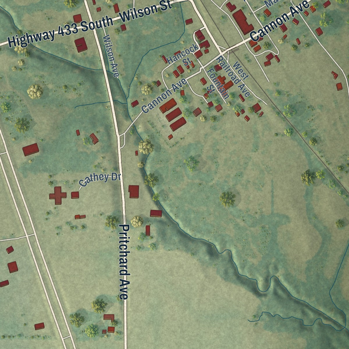 Close-up of the map of Bentonia, Mississippi print showing street and building detail