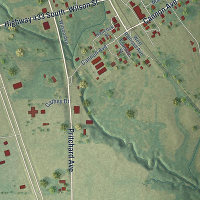 Close-up of the map of Bentonia, Mississippi print showing street and building detail