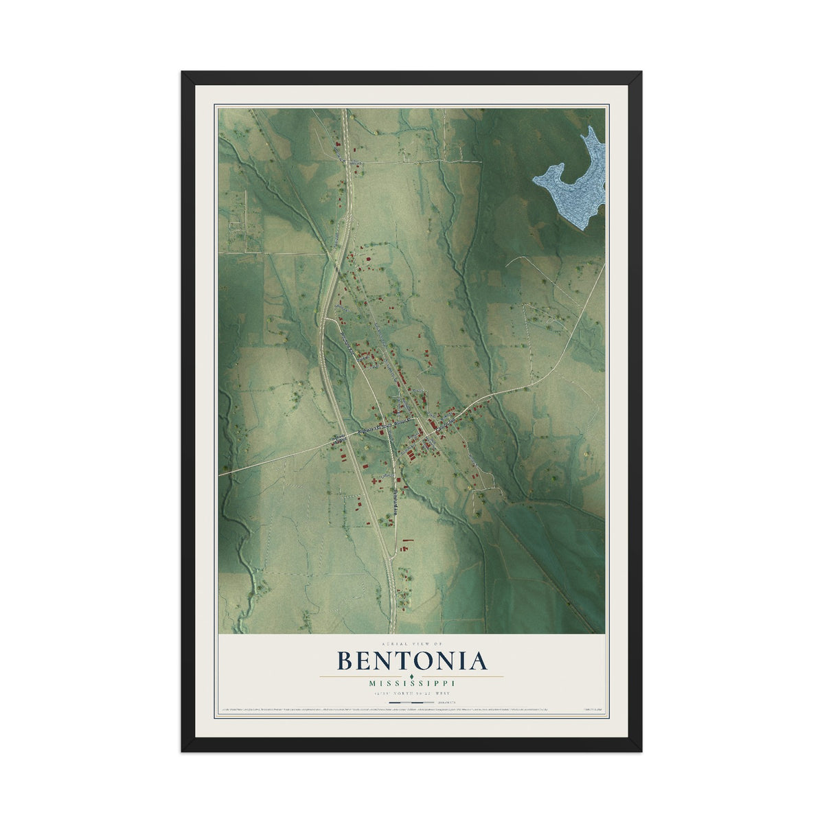 Map of Bentonia, Mississippi, 12 x 18 inch print in a black wood frame