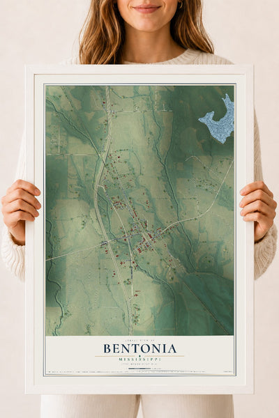 Map of Bentonia, Mississippi, 18 x 24 inch print in a white wood frame