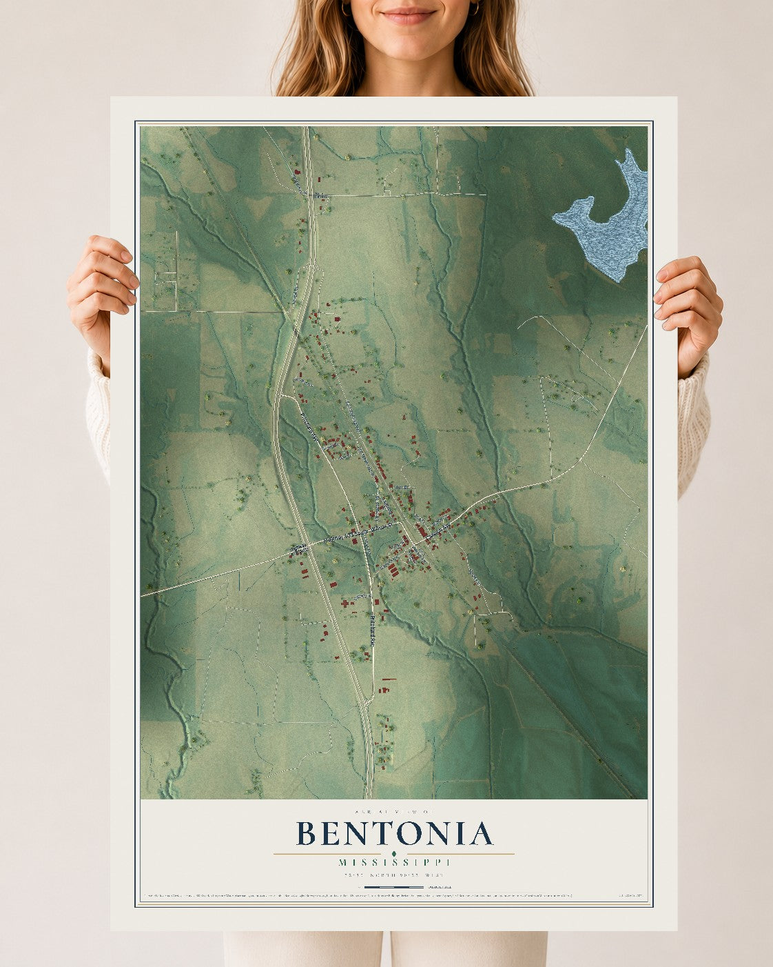 Map of Bentonia, Mississippi, 24 x 36 inch unframed archival matte print