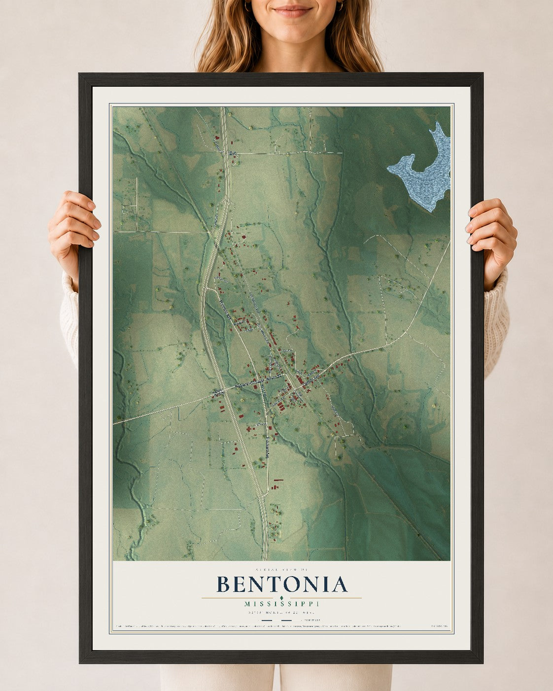 Map of Bentonia, Mississippi, 24 x 36 inch print in a black wood frame