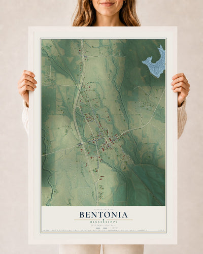 Map of Bentonia, Mississippi, 24 x 36 inch print in a white wood frame
