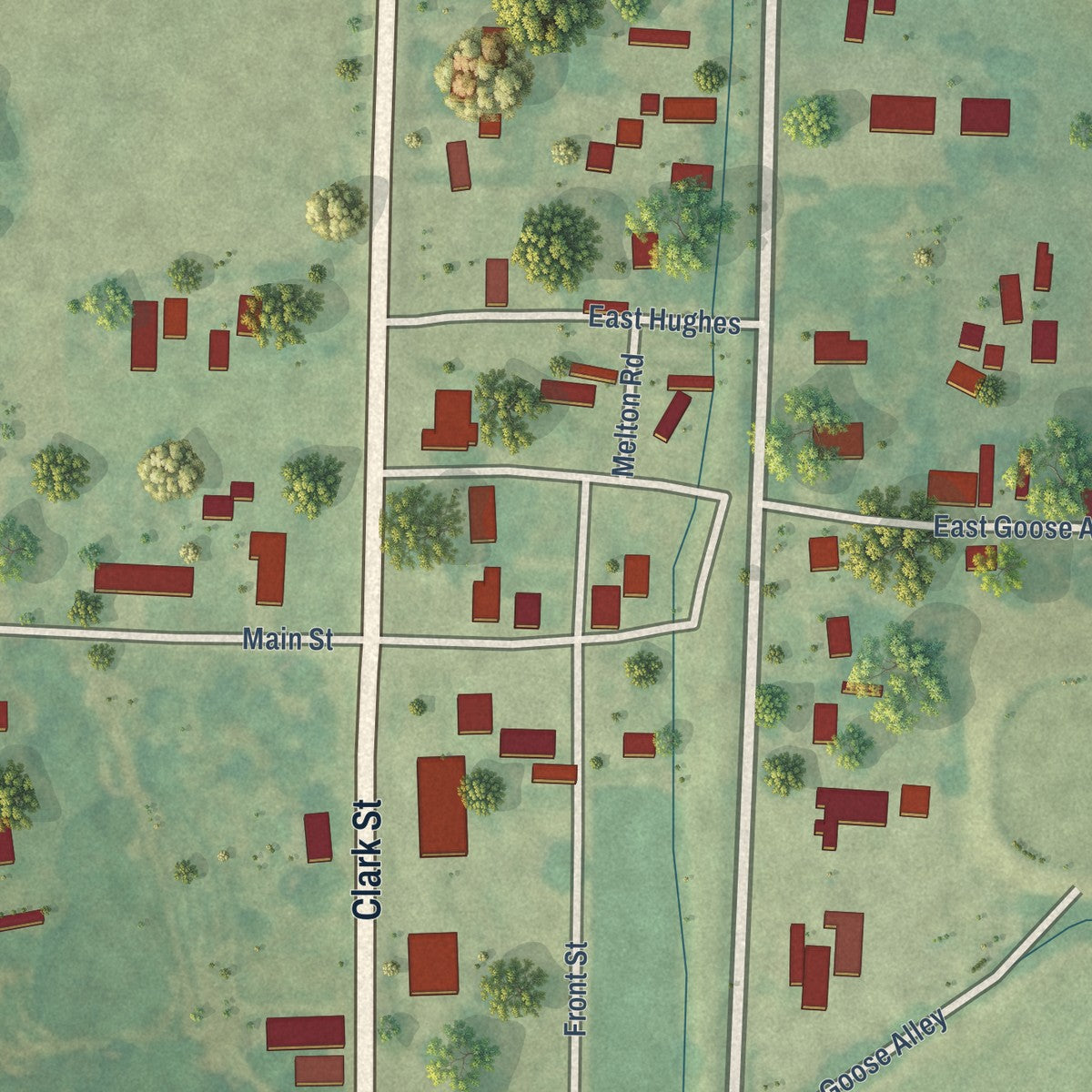 Close-up of the map of Beulah, Mississippi print showing street and building detail