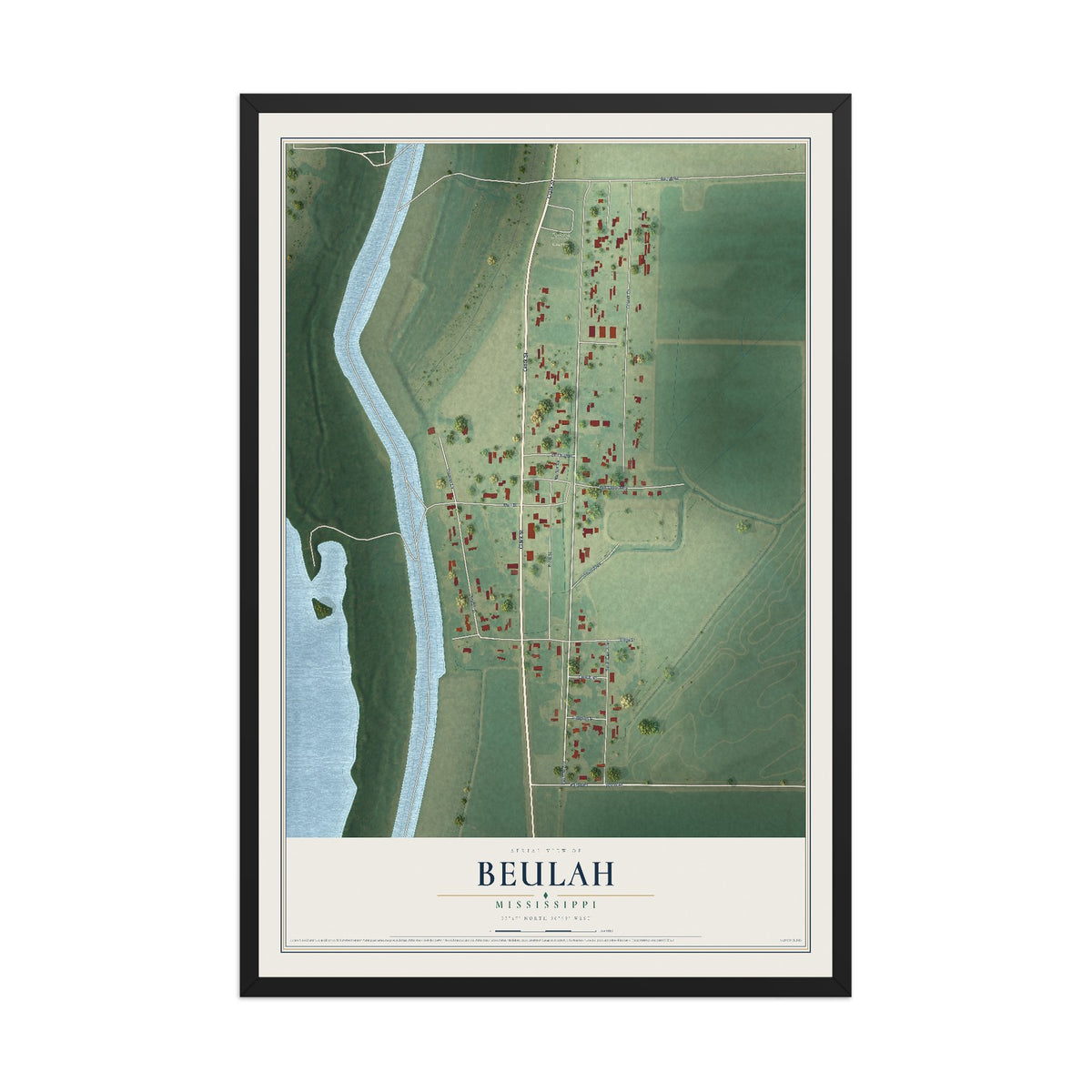 Map of Beulah, Mississippi, 12 x 18 inch print in a black wood frame