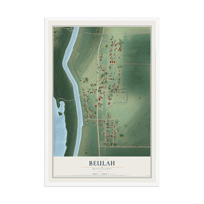 Map of Beulah, Mississippi, 12 x 18 inch print in a white wood frame