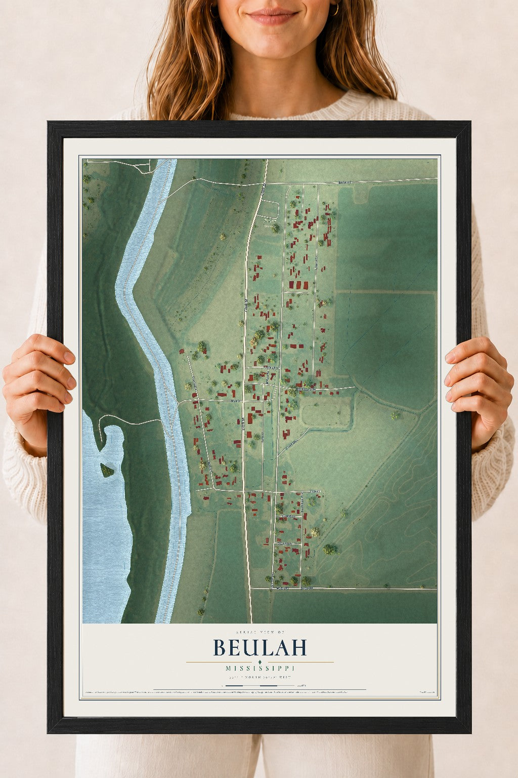 Map of Beulah, Mississippi, 18 x 24 inch print in a black wood frame