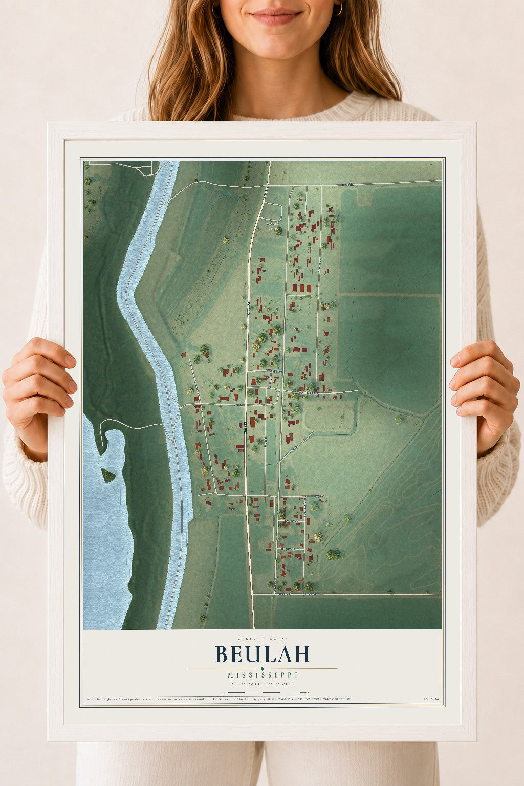 Map of Beulah, Mississippi, 18 x 24 inch print in a white wood frame