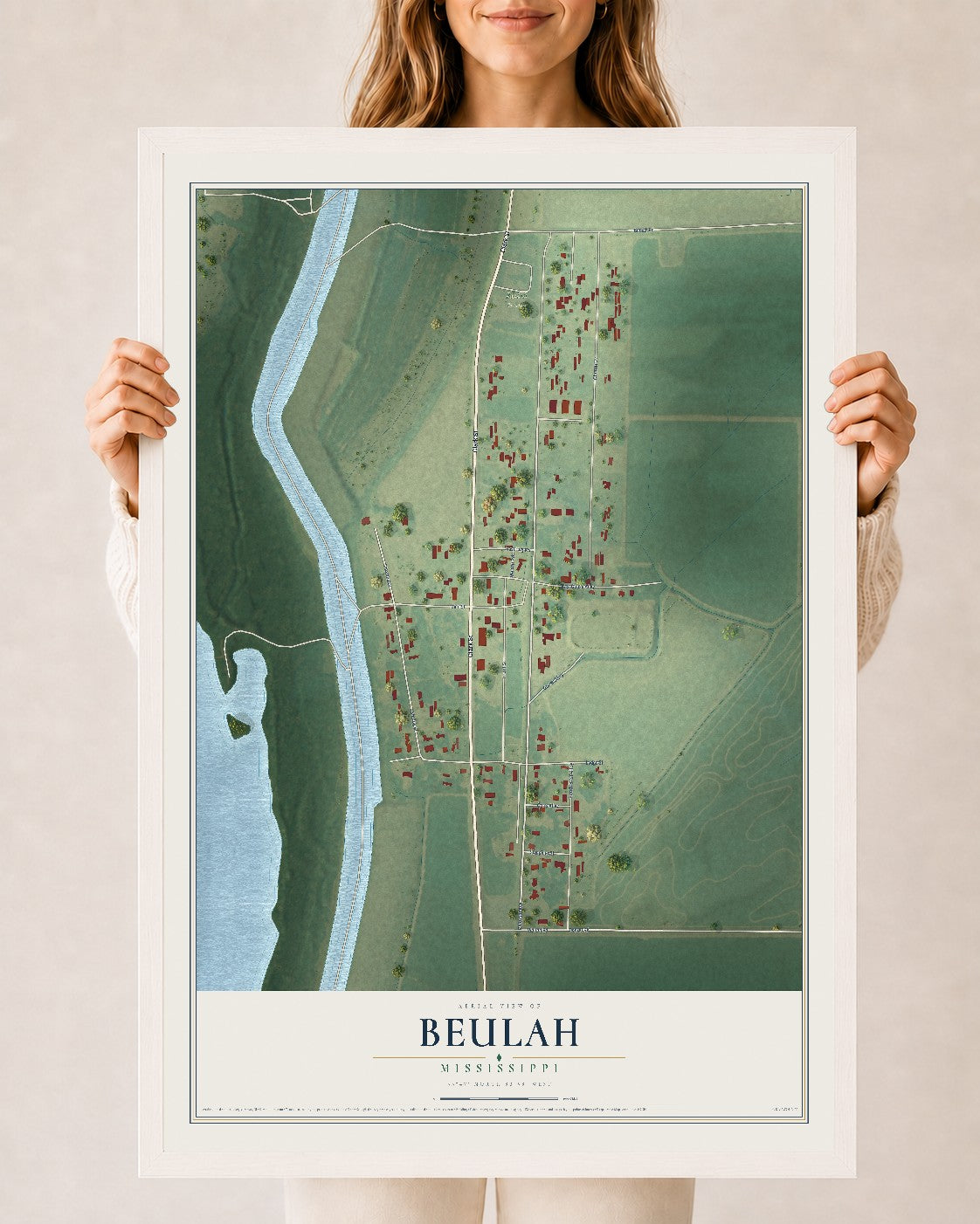 Map of Beulah, Mississippi, 24 x 36 inch print in a white wood frame