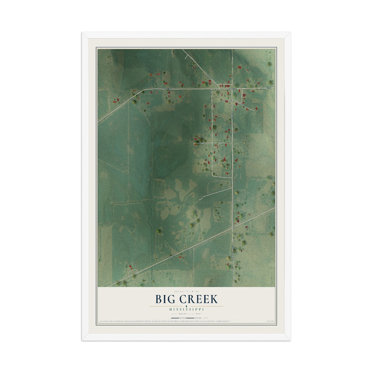 Map of Big Creek, Mississippi, 12 x 18 inch print in a white wood frame