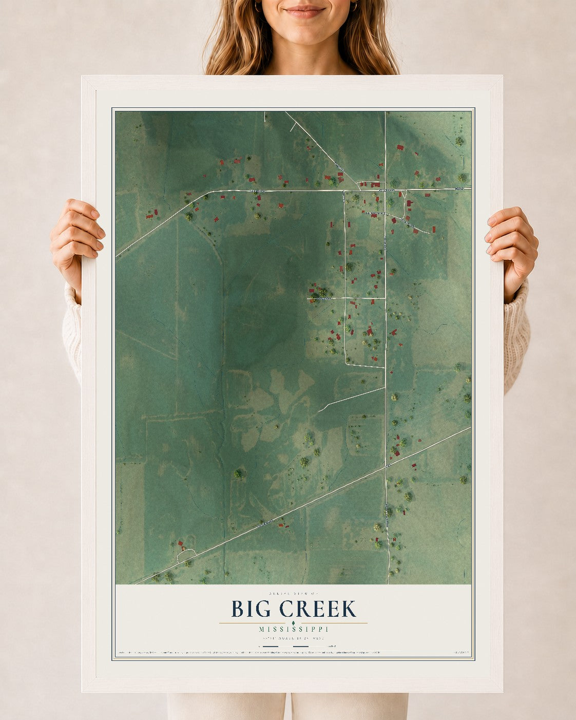 Map of Big Creek, Mississippi, 24 x 36 inch print in a white wood frame