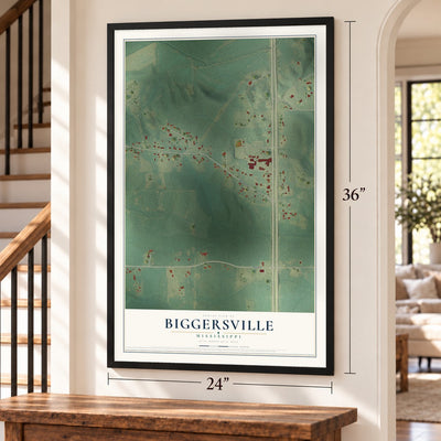 Biggersville, Mississippi map, 24 x 36 inch print in a black frame by a staircase