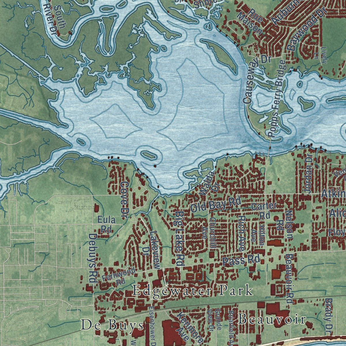 Second close-up of the map of Biloxi, Mississippi print showing more streets and buildings