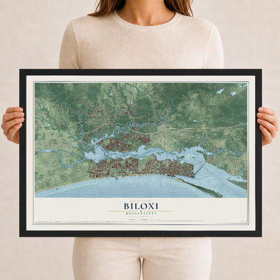 Map of Biloxi, Mississippi, 12 x 18 inch print in a black wood frame