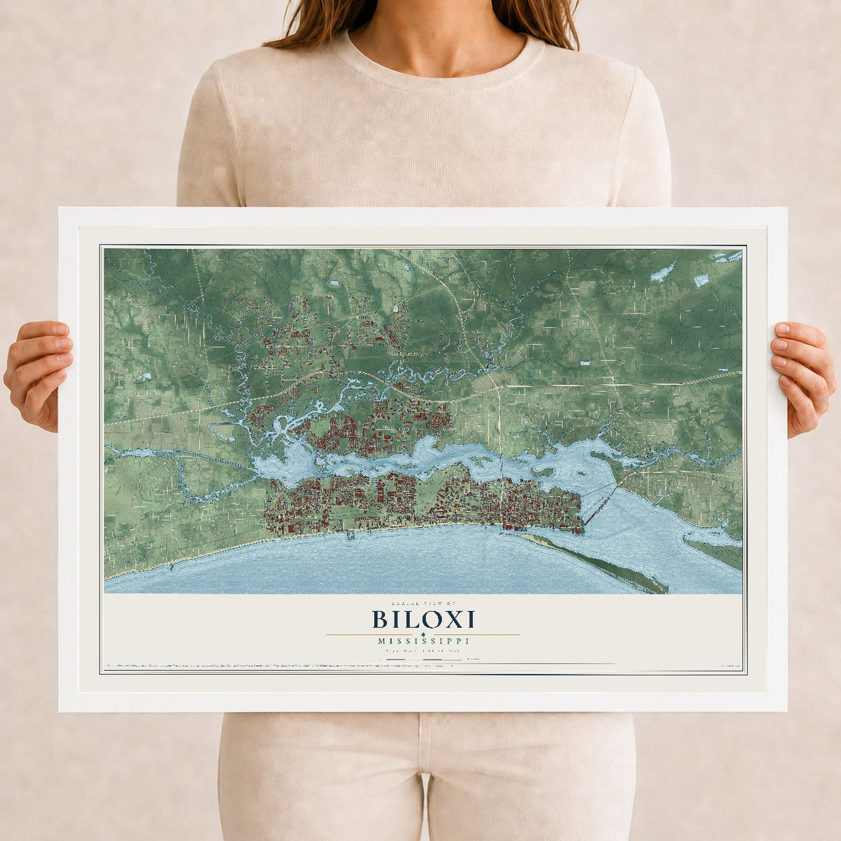 Map of Biloxi, Mississippi, 12 x 18 inch print in a white wood frame