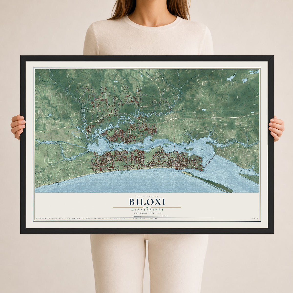 Map of Biloxi, Mississippi, 24 x 36 inch print in a black wood frame