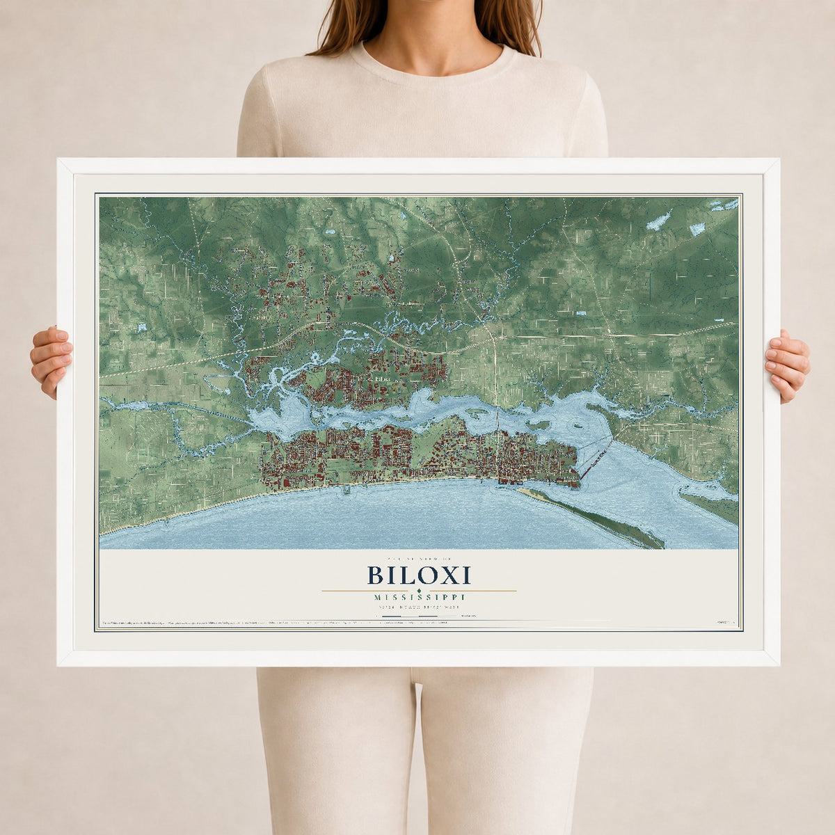 Map of Biloxi, Mississippi, 24 x 36 inch print in a white wood frame