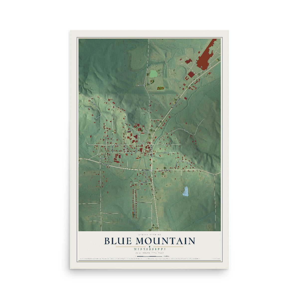 Map of Blue Mountain, Mississippi, 12 x 18 inch unframed archival matte print