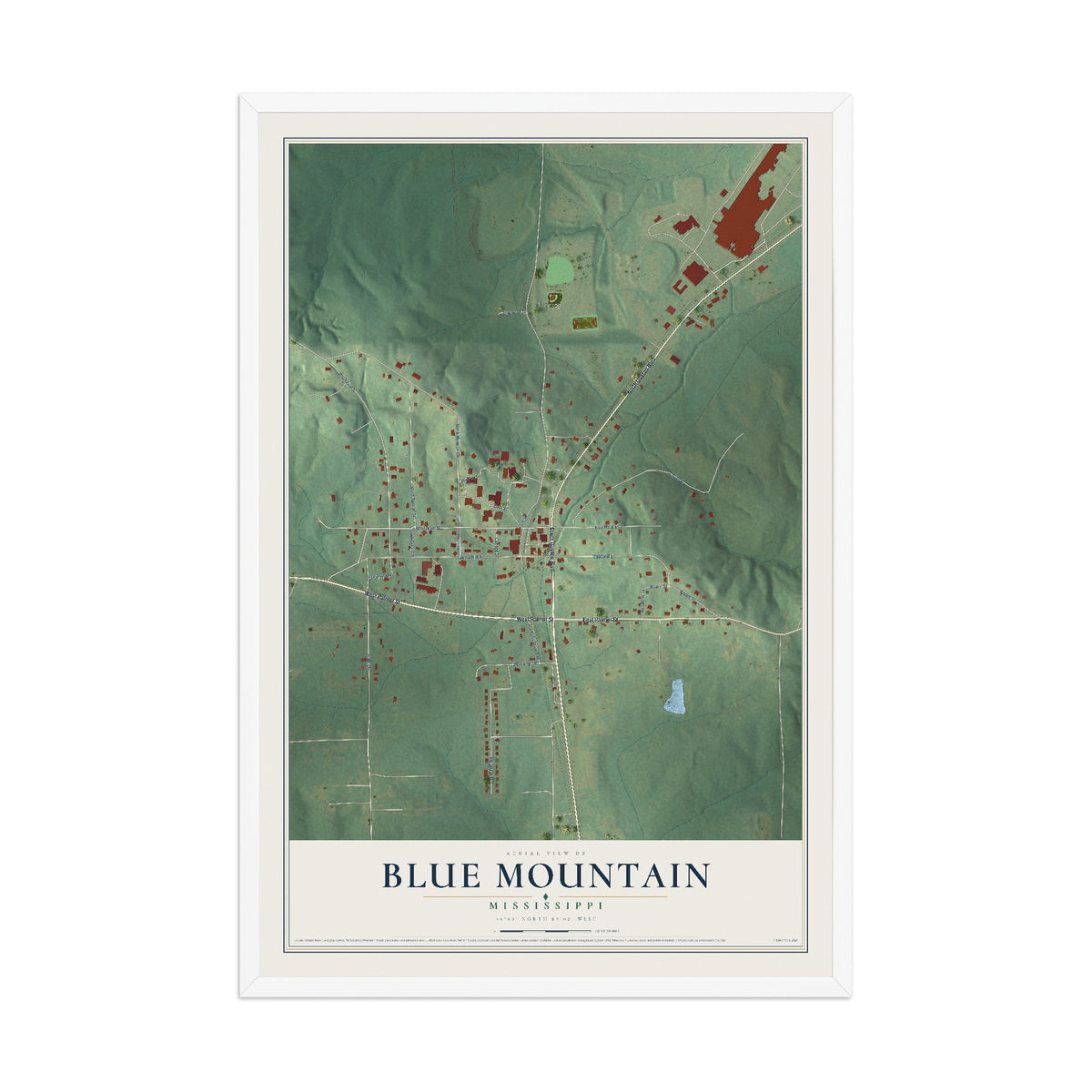Map of Blue Mountain, Mississippi, 12 x 18 inch print in a white wood frame