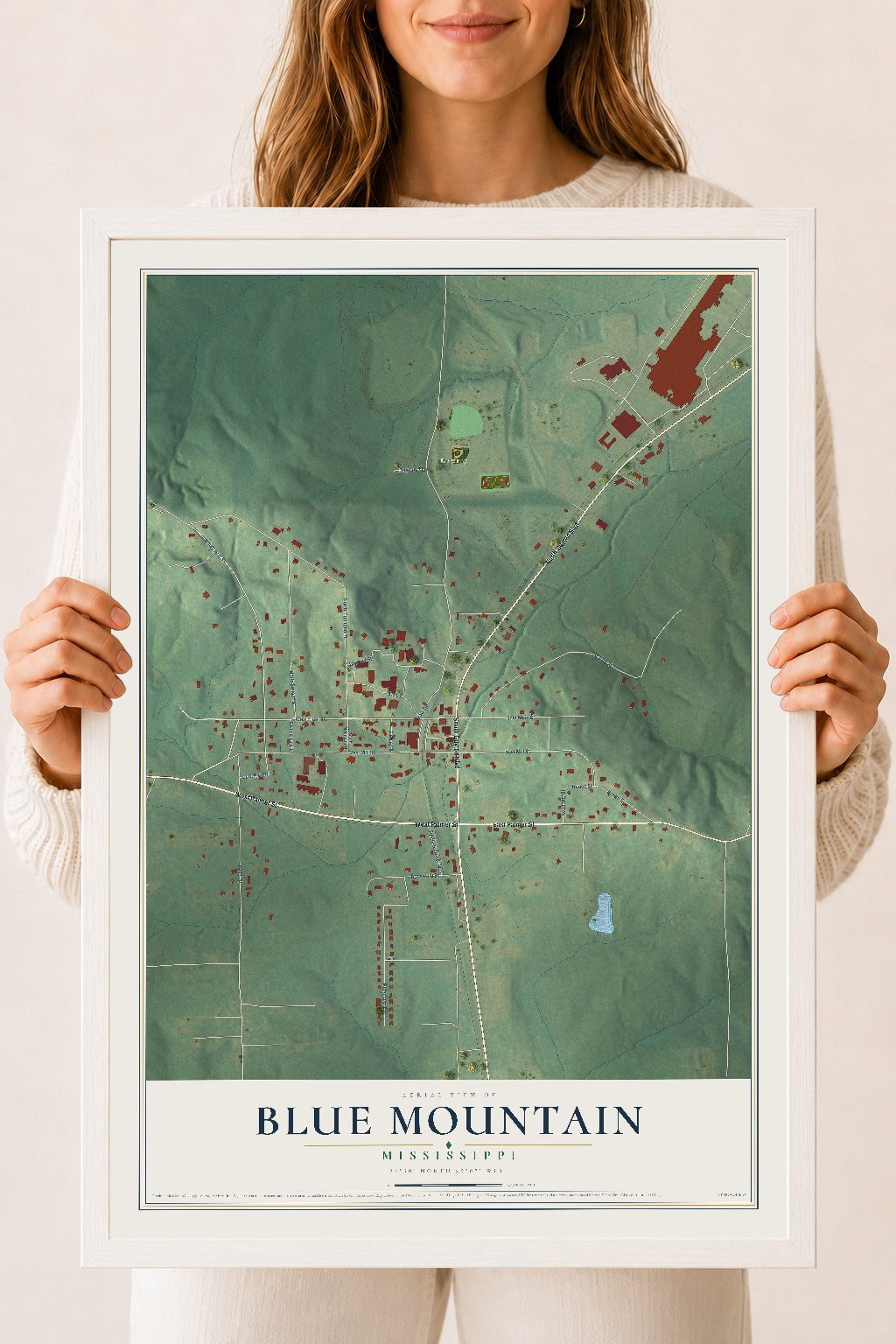 Map of Blue Mountain, Mississippi, 18 x 24 inch print in a white wood frame