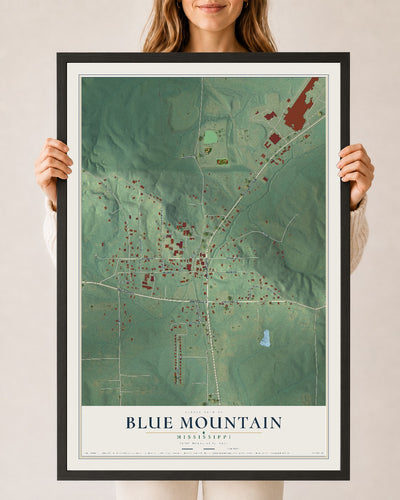 Map of Blue Mountain, Mississippi, 24 x 36 inch print in a black wood frame