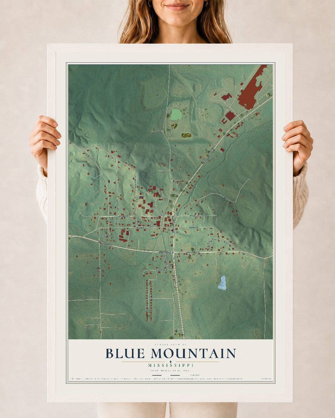 Map of Blue Mountain, Mississippi, 24 x 36 inch print in a white wood frame