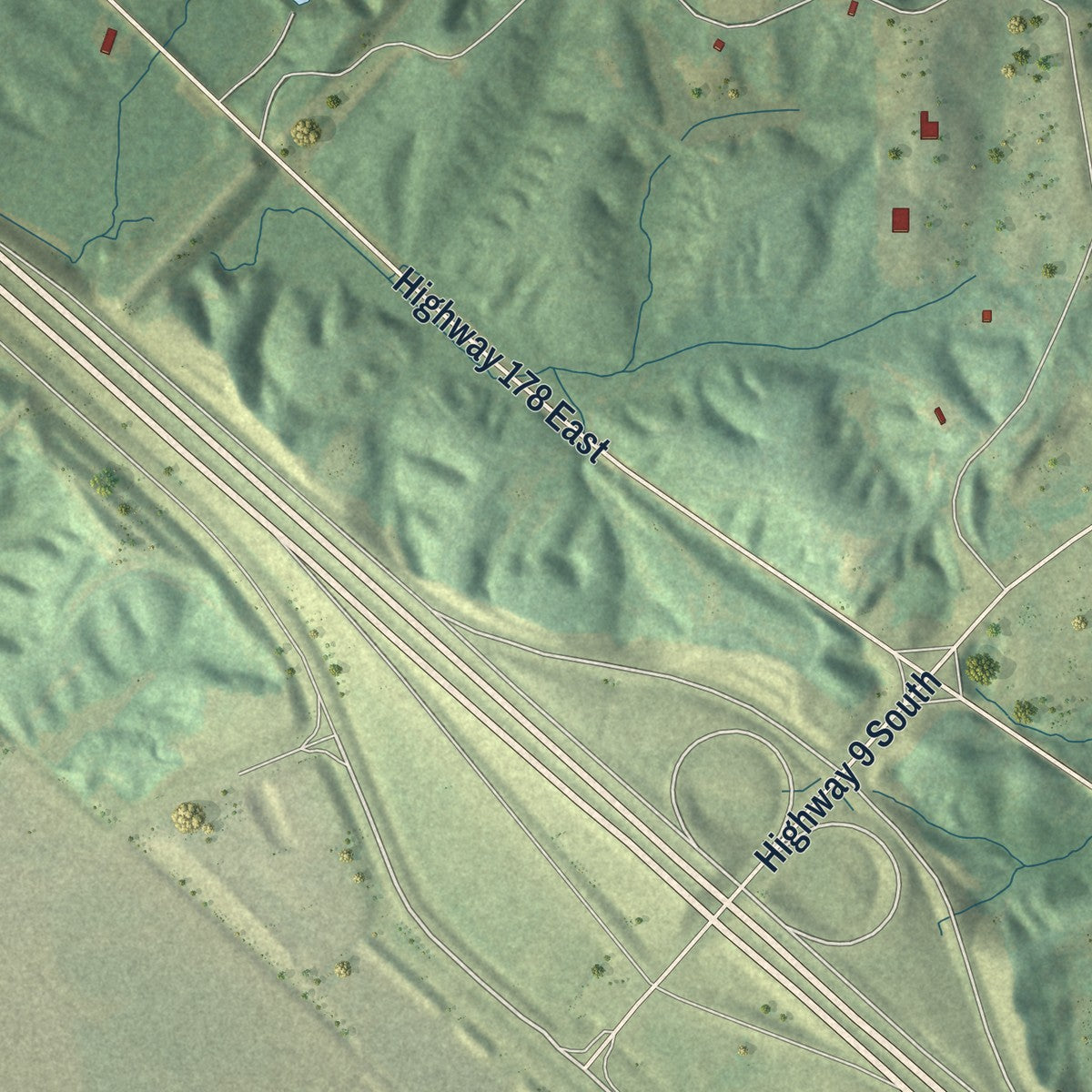 Close-up of the map of Blue Springs, Mississippi print showing street and building detail