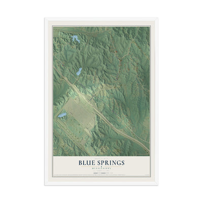 Map of Blue Springs, Mississippi, 12 x 18 inch print in a white wood frame