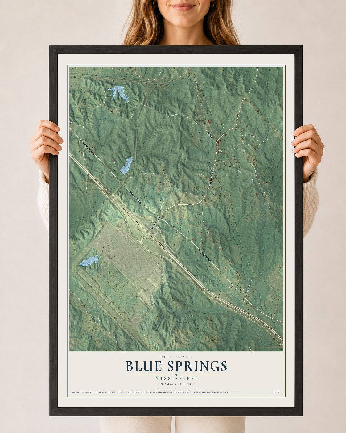 Map of Blue Springs, Mississippi, 24 x 36 inch print in a black wood frame