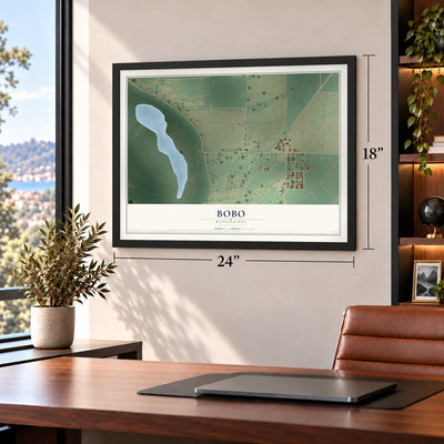 Bobo, Mississippi map, 18 x 24 inch print in a black frame in a home office