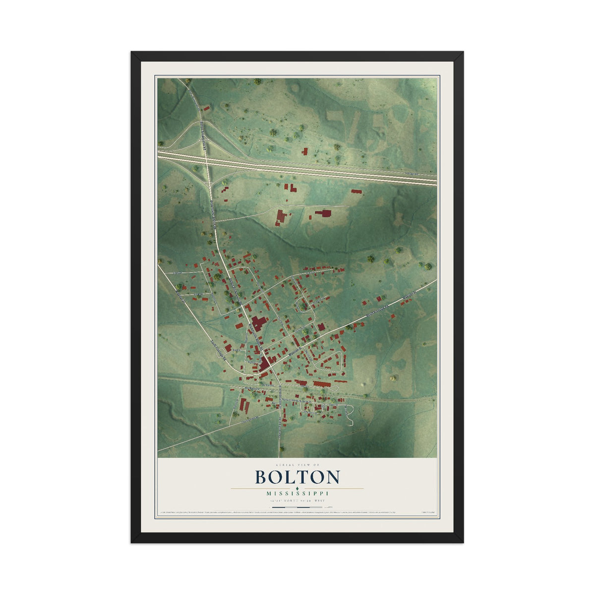 Map of Bolton, Mississippi, 12 x 18 inch print in a black wood frame