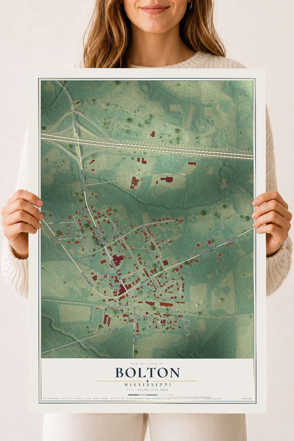 Map of Bolton, Mississippi, 18 x 24 inch unframed archival matte print
