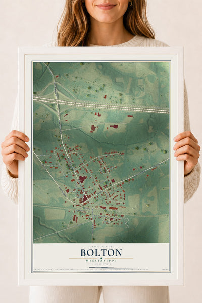 Map of Bolton, Mississippi, 18 x 24 inch print in a white wood frame