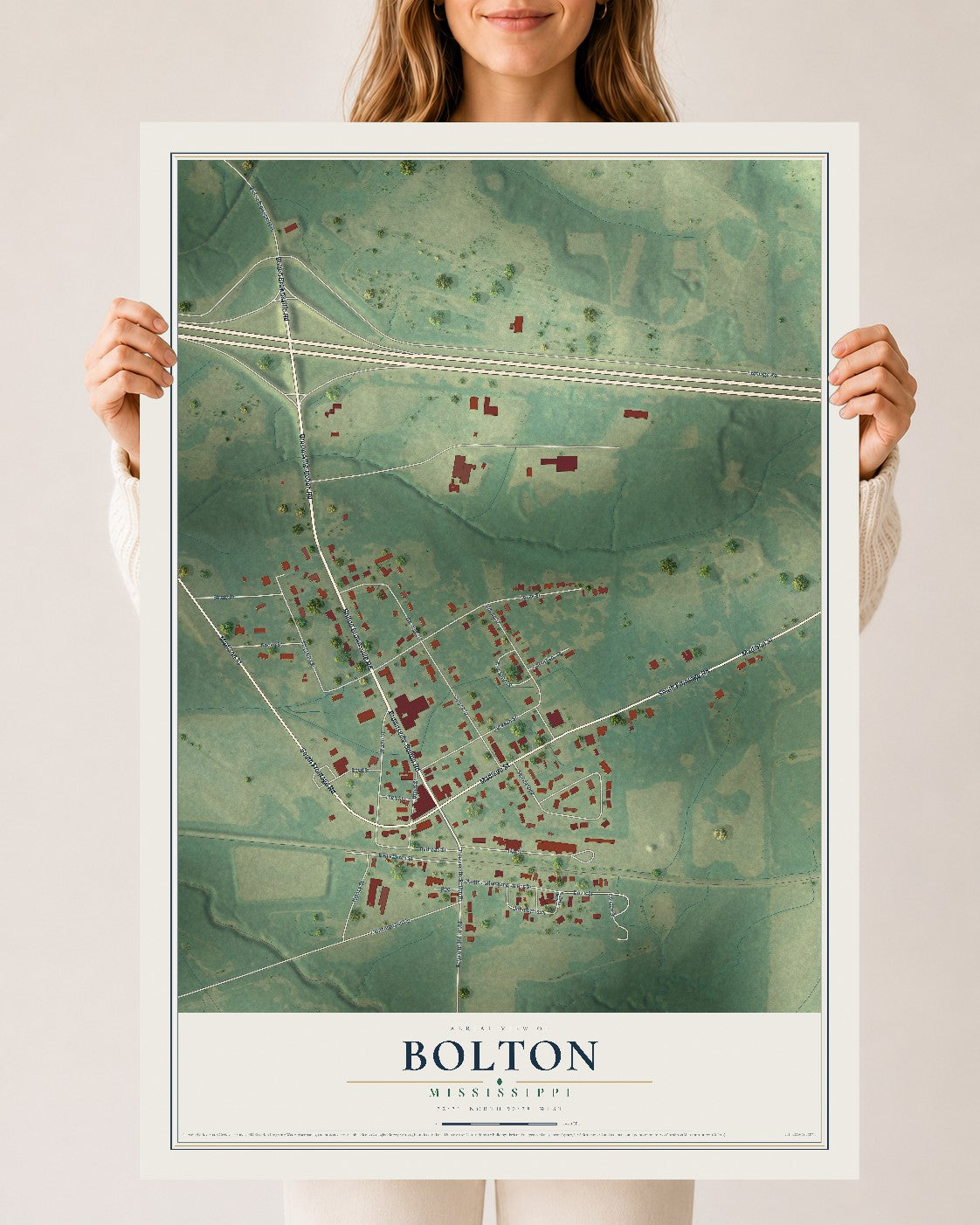Map of Bolton, Mississippi, 24 x 36 inch unframed archival matte print
