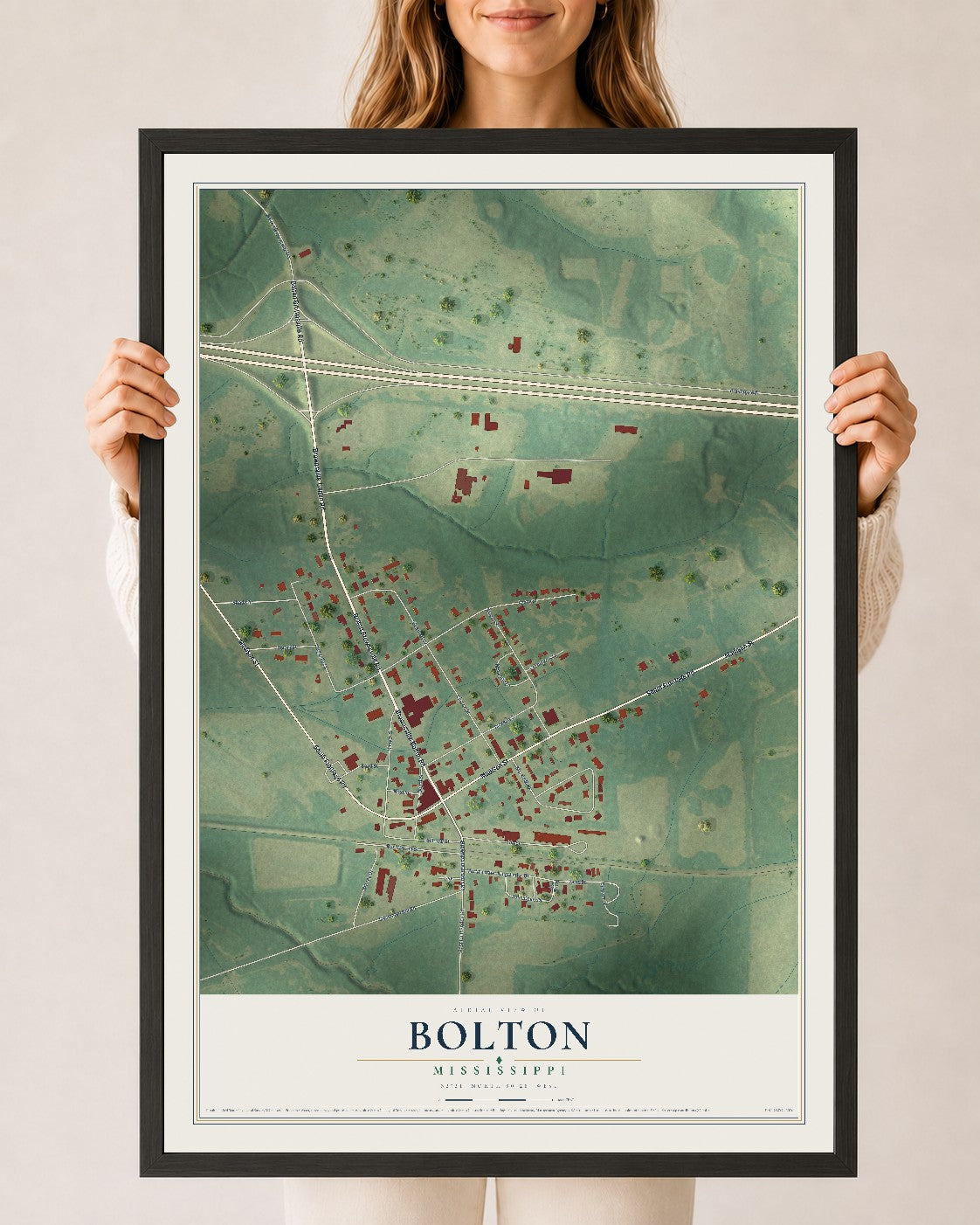 Map of Bolton, Mississippi, 24 x 36 inch print in a black wood frame