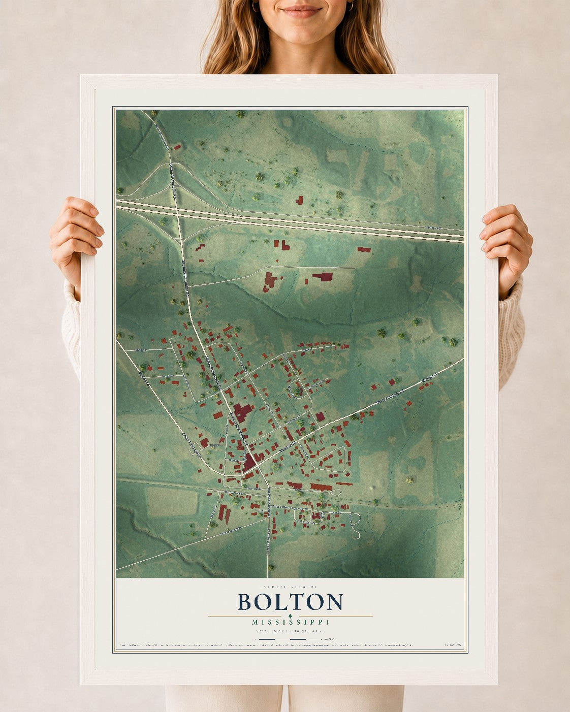 Map of Bolton, Mississippi, 24 x 36 inch print in a white wood frame