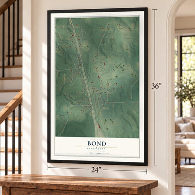 Bond, Mississippi map, 24 x 36 inch print in a black frame by a staircase
