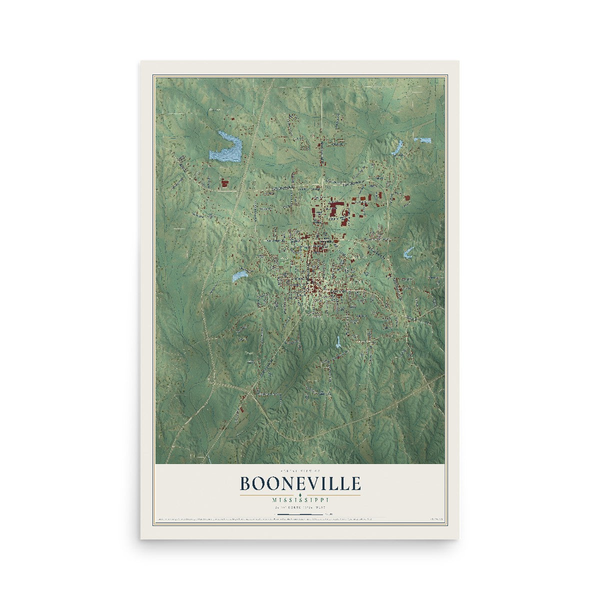 Map of Booneville, Mississippi, 12 x 18 inch unframed archival matte print